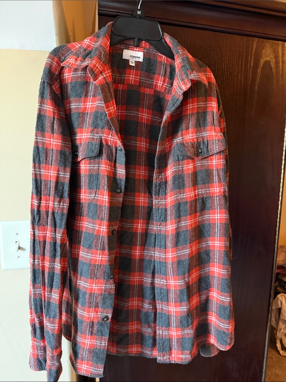 Sonoma Red and Gray Plaid Button-Down Shirt for Men